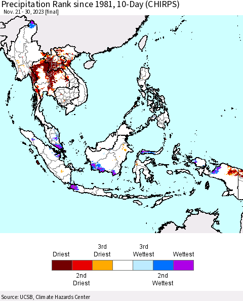 South East Asia Precipitation Rank since 1981, 10-Day (CHIRPS) Thematic Map For 11/21/2023 - 11/30/2023