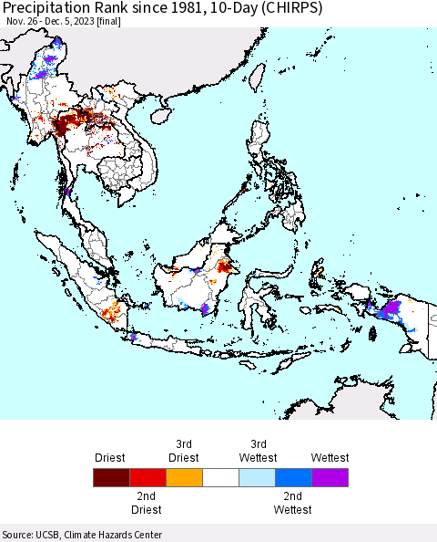 South East Asia Precipitation Rank since 1981, 10-Day (CHIRPS) Thematic Map For 11/26/2023 - 12/5/2023
