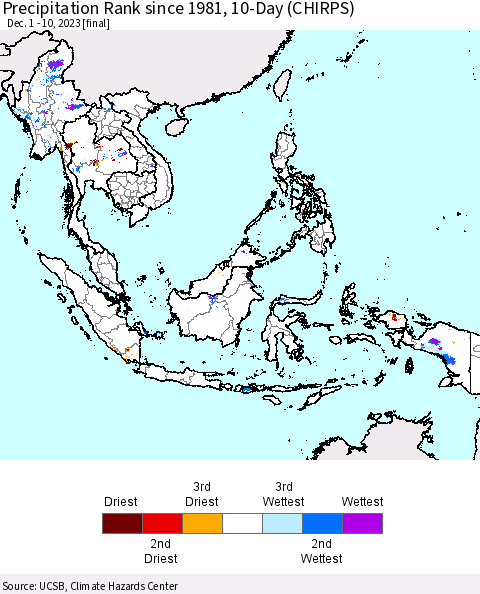 South East Asia Precipitation Rank since 1981, 10-Day (CHIRPS) Thematic Map For 12/1/2023 - 12/10/2023