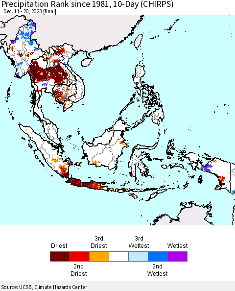 South East Asia Precipitation Rank since 1981, 10-Day (CHIRPS) Thematic Map For 12/11/2023 - 12/20/2023