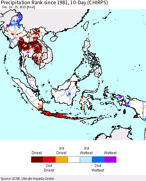 South East Asia Precipitation Rank since 1981, 10-Day (CHIRPS) Thematic Map For 12/16/2023 - 12/25/2023