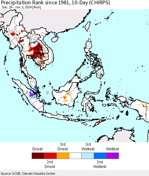 South East Asia Precipitation Rank since 1981, 10-Day (CHIRPS) Thematic Map For 12/26/2023 - 1/5/2024