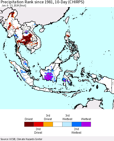 South East Asia Precipitation Rank since 1981, 10-Day (CHIRPS) Thematic Map For 1/6/2024 - 1/15/2024