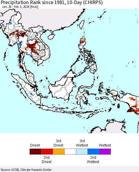 South East Asia Precipitation Rank since 1981, 10-Day (CHIRPS) Thematic Map For 1/26/2024 - 2/5/2024