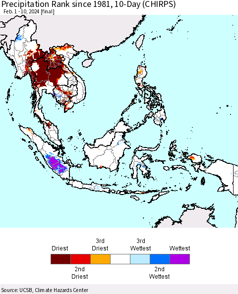 South East Asia Precipitation Rank since 1981, 10-Day (CHIRPS) Thematic Map For 2/1/2024 - 2/10/2024