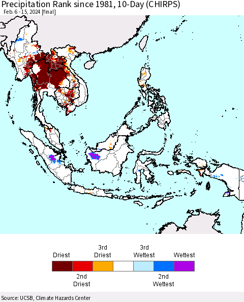 South East Asia Precipitation Rank since 1981, 10-Day (CHIRPS) Thematic Map For 2/6/2024 - 2/15/2024