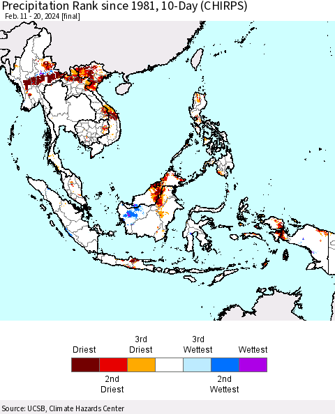 South East Asia Precipitation Rank since 1981, 10-Day (CHIRPS) Thematic Map For 2/11/2024 - 2/20/2024