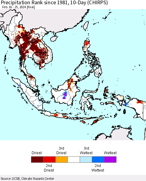 South East Asia Precipitation Rank since 1981, 10-Day (CHIRPS) Thematic Map For 2/16/2024 - 2/25/2024