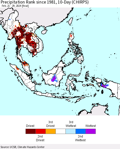 South East Asia Precipitation Rank since 1981, 10-Day (CHIRPS) Thematic Map For 2/21/2024 - 2/29/2024