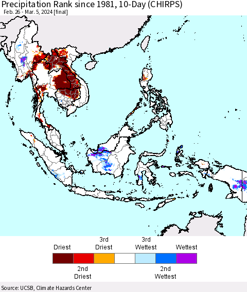 South East Asia Precipitation Rank since 1981, 10-Day (CHIRPS) Thematic Map For 2/26/2024 - 3/5/2024