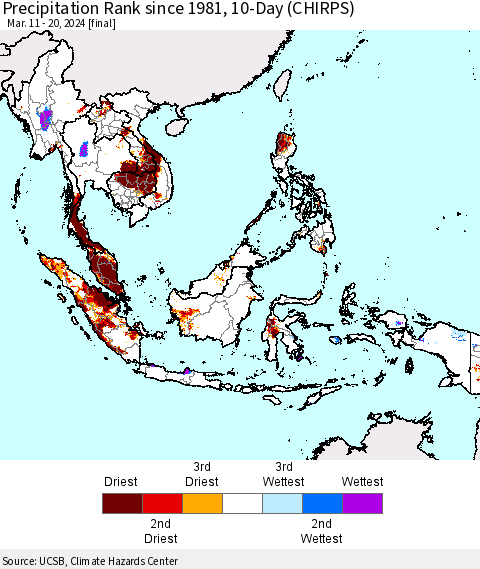 South East Asia Precipitation Rank since 1981, 10-Day (CHIRPS) Thematic Map For 3/11/2024 - 3/20/2024