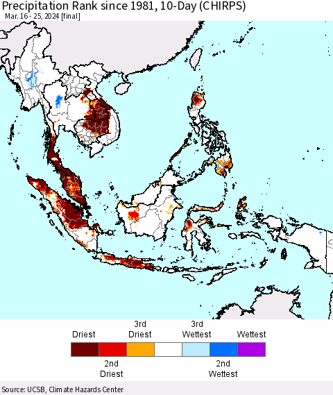 South East Asia Precipitation Rank since 1981, 10-Day (CHIRPS) Thematic Map For 3/16/2024 - 3/25/2024