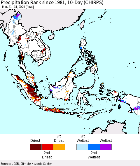 South East Asia Precipitation Rank since 1981, 10-Day (CHIRPS) Thematic Map For 3/21/2024 - 3/31/2024