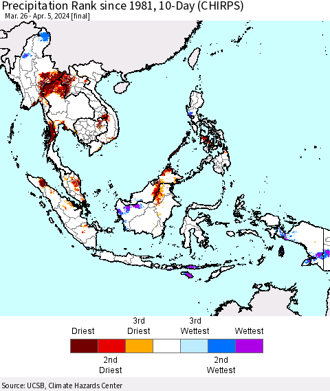 South East Asia Precipitation Rank since 1981, 10-Day (CHIRPS) Thematic Map For 3/26/2024 - 4/5/2024