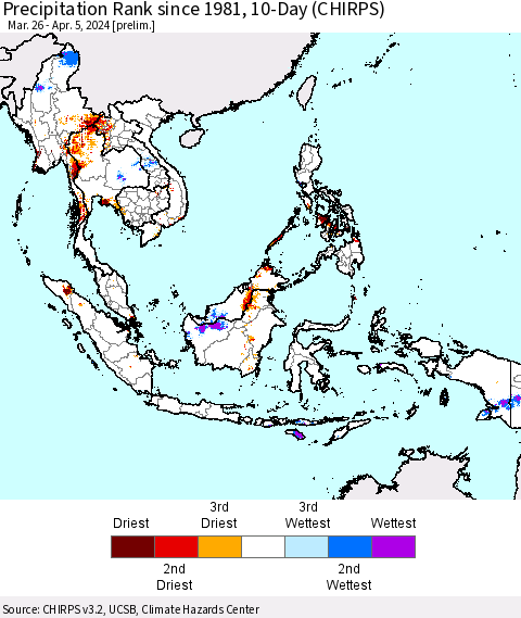 South East Asia Precipitation Rank since 1981, 10-Day (CHIRPS) Thematic Map For 3/26/2024 - 4/5/2024