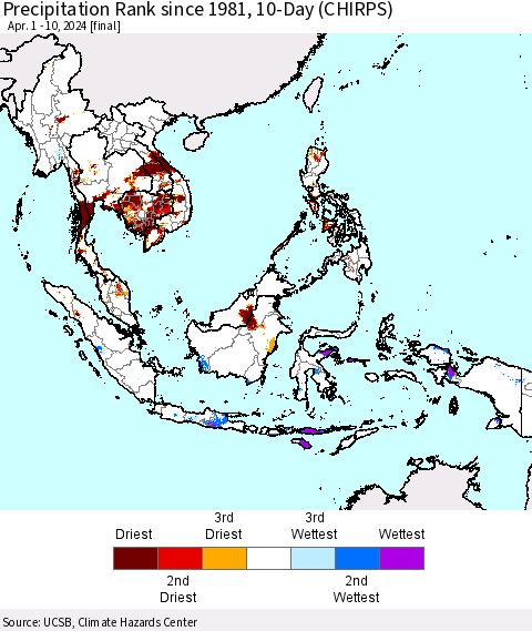 South East Asia Precipitation Rank since 1981, 10-Day (CHIRPS) Thematic Map For 4/1/2024 - 4/10/2024