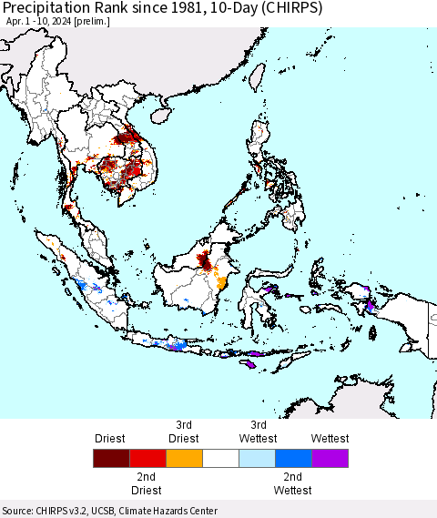 South East Asia Precipitation Rank since 1981, 10-Day (CHIRPS) Thematic Map For 4/1/2024 - 4/10/2024