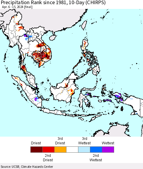 South East Asia Precipitation Rank since 1981, 10-Day (CHIRPS) Thematic Map For 4/6/2024 - 4/15/2024