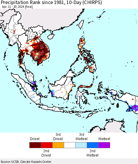 South East Asia Precipitation Rank since 1981, 10-Day (CHIRPS) Thematic Map For 4/11/2024 - 4/20/2024