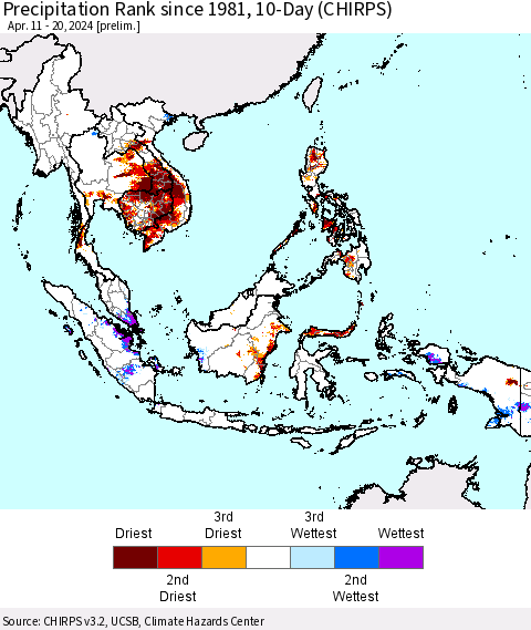 South East Asia Precipitation Rank since 1981, 10-Day (CHIRPS) Thematic Map For 4/11/2024 - 4/20/2024