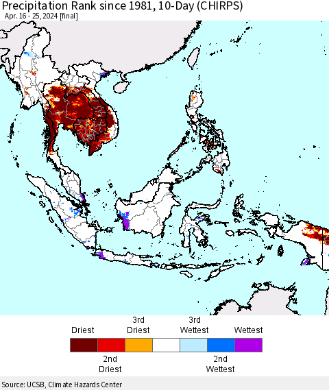 South East Asia Precipitation Rank since 1981, 10-Day (CHIRPS) Thematic Map For 4/16/2024 - 4/25/2024