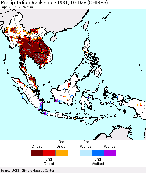 South East Asia Precipitation Rank since 1981, 10-Day (CHIRPS) Thematic Map For 4/21/2024 - 4/30/2024