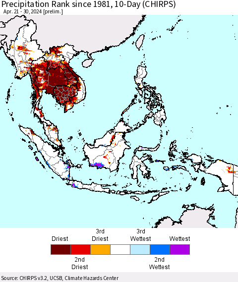 South East Asia Precipitation Rank since 1981, 10-Day (CHIRPS) Thematic Map For 4/21/2024 - 4/30/2024