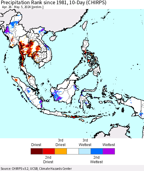 South East Asia Precipitation Rank since 1981, 10-Day (CHIRPS) Thematic Map For 4/26/2024 - 5/5/2024