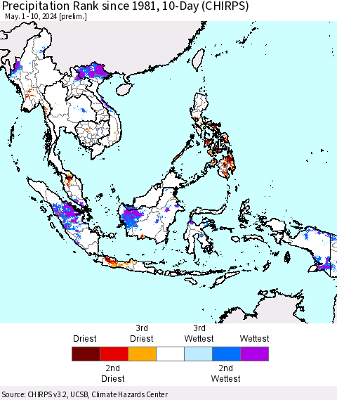 South East Asia Precipitation Rank since 1981, 10-Day (CHIRPS) Thematic Map For 5/1/2024 - 5/10/2024