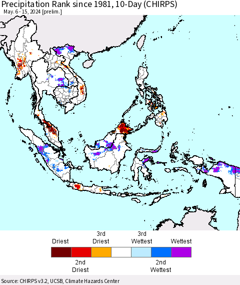 South East Asia Precipitation Rank since 1981, 10-Day (CHIRPS) Thematic Map For 5/6/2024 - 5/15/2024