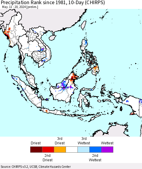South East Asia Precipitation Rank since 1981, 10-Day (CHIRPS) Thematic Map For 5/11/2024 - 5/20/2024