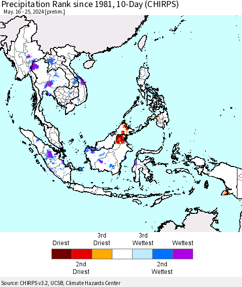 South East Asia Precipitation Rank since 1981, 10-Day (CHIRPS) Thematic Map For 5/16/2024 - 5/25/2024