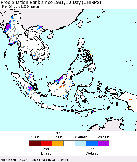 South East Asia Precipitation Rank since 1981, 10-Day (CHIRPS) Thematic Map For 5/26/2024 - 6/5/2024