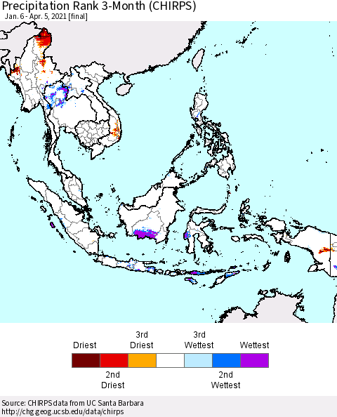 South East Asia Precipitation Rank since 1981, 3-Month (CHIRPS) Thematic Map For 1/6/2021 - 4/5/2021