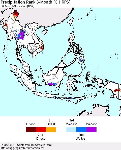 South East Asia Precipitation Rank since 1981, 3-Month (CHIRPS) Thematic Map For 1/11/2021 - 4/10/2021