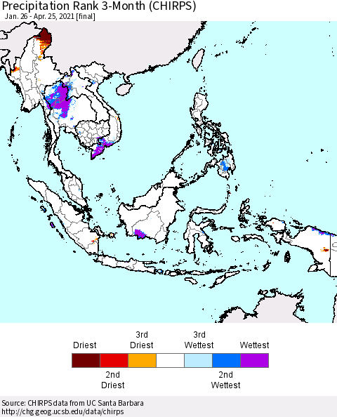 South East Asia Precipitation Rank since 1981, 3-Month (CHIRPS) Thematic Map For 1/26/2021 - 4/25/2021