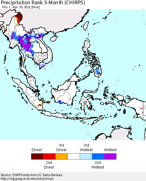 South East Asia Precipitation Rank since 1981, 3-Month (CHIRPS) Thematic Map For 2/1/2021 - 4/30/2021