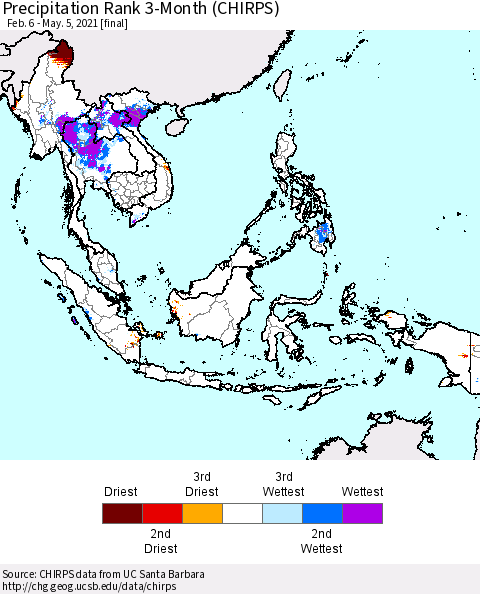 South East Asia Precipitation Rank since 1981, 3-Month (CHIRPS) Thematic Map For 2/6/2021 - 5/5/2021