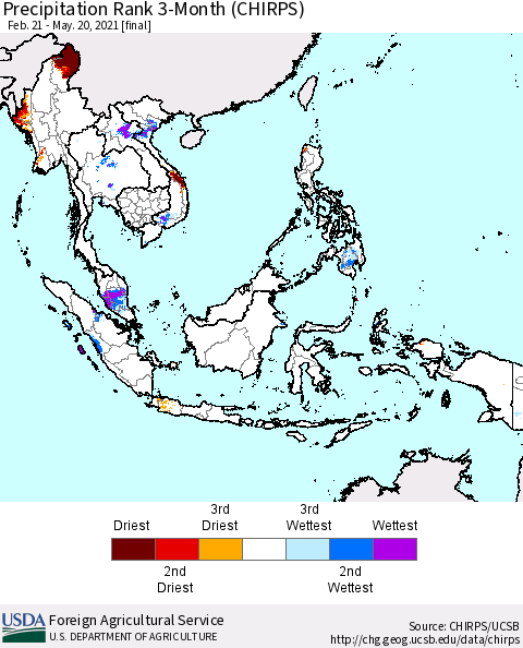 South East Asia Precipitation Rank since 1981, 3-Month (CHIRPS) Thematic Map For 2/21/2021 - 5/20/2021