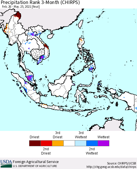 South East Asia Precipitation Rank since 1981, 3-Month (CHIRPS) Thematic Map For 2/26/2021 - 5/25/2021