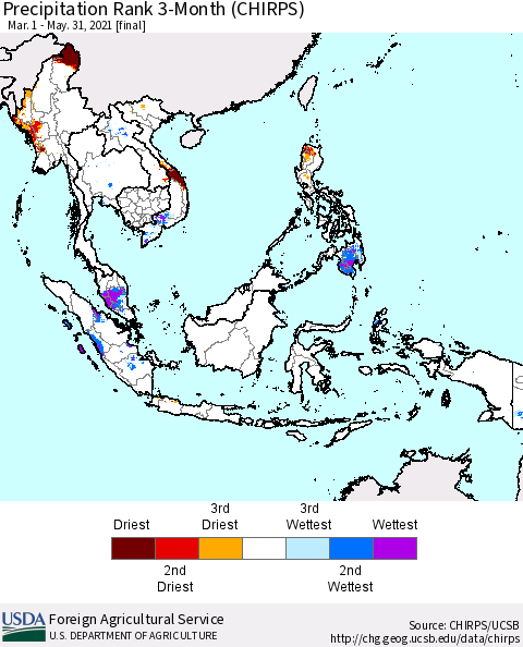 South East Asia Precipitation Rank since 1981, 3-Month (CHIRPS) Thematic Map For 3/1/2021 - 5/31/2021