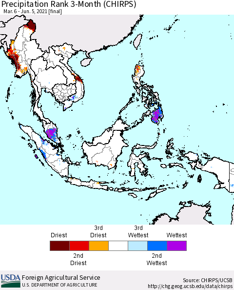 South East Asia Precipitation Rank since 1981, 3-Month (CHIRPS) Thematic Map For 3/6/2021 - 6/5/2021