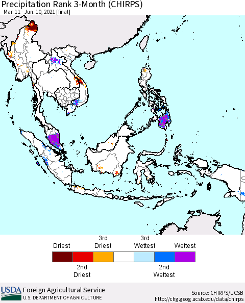 South East Asia Precipitation Rank since 1981, 3-Month (CHIRPS) Thematic Map For 3/11/2021 - 6/10/2021