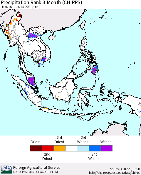 South East Asia Precipitation Rank since 1981, 3-Month (CHIRPS) Thematic Map For 3/16/2021 - 6/15/2021
