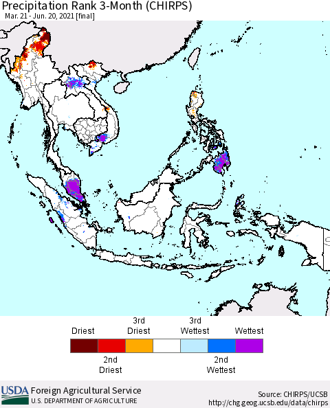 South East Asia Precipitation Rank since 1981, 3-Month (CHIRPS) Thematic Map For 3/21/2021 - 6/20/2021
