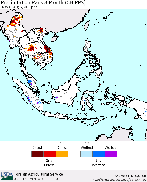 South East Asia Precipitation Rank since 1981, 3-Month (CHIRPS) Thematic Map For 5/6/2021 - 8/5/2021