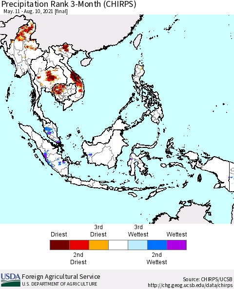 South East Asia Precipitation Rank since 1981, 3-Month (CHIRPS) Thematic Map For 5/11/2021 - 8/10/2021