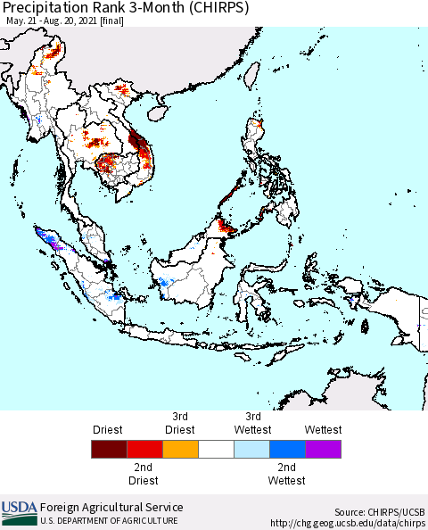 South East Asia Precipitation Rank since 1981, 3-Month (CHIRPS) Thematic Map For 5/21/2021 - 8/20/2021