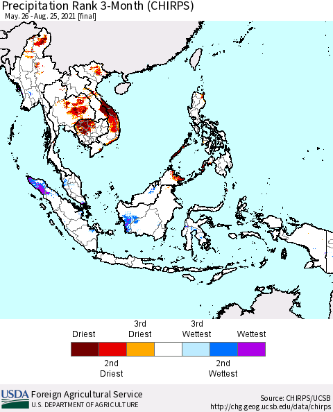 South East Asia Precipitation Rank since 1981, 3-Month (CHIRPS) Thematic Map For 5/26/2021 - 8/25/2021