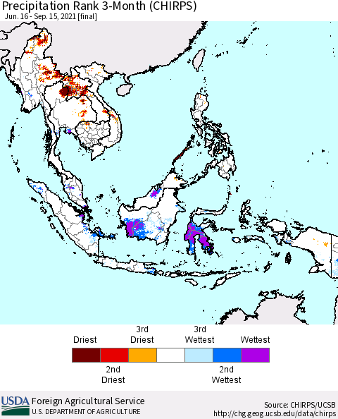 South East Asia Precipitation Rank since 1981, 3-Month (CHIRPS) Thematic Map For 6/16/2021 - 9/15/2021